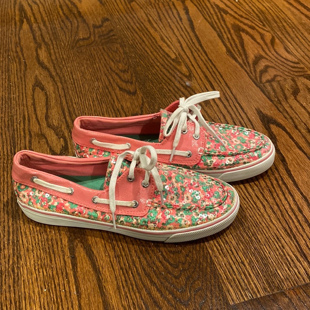 SPERRY TOP SIDER Pink/Green Floral Sequin Boat Shoes Sz 8.5 M